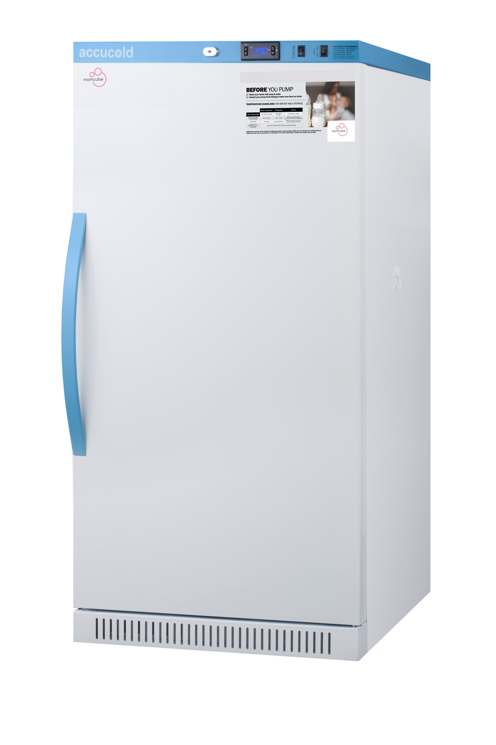 Purpose-built all-refrigerator for breast milk storage with 4 interior locking compartments, antimicrobial silver-ion handle, and a hospital grade cord with 'green dot' plug